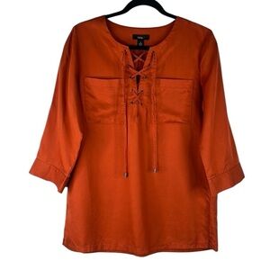 Intro Rust Boho Lace Up Front 3/4 Sleeve Casual 100% Lyocell Top Size Small
